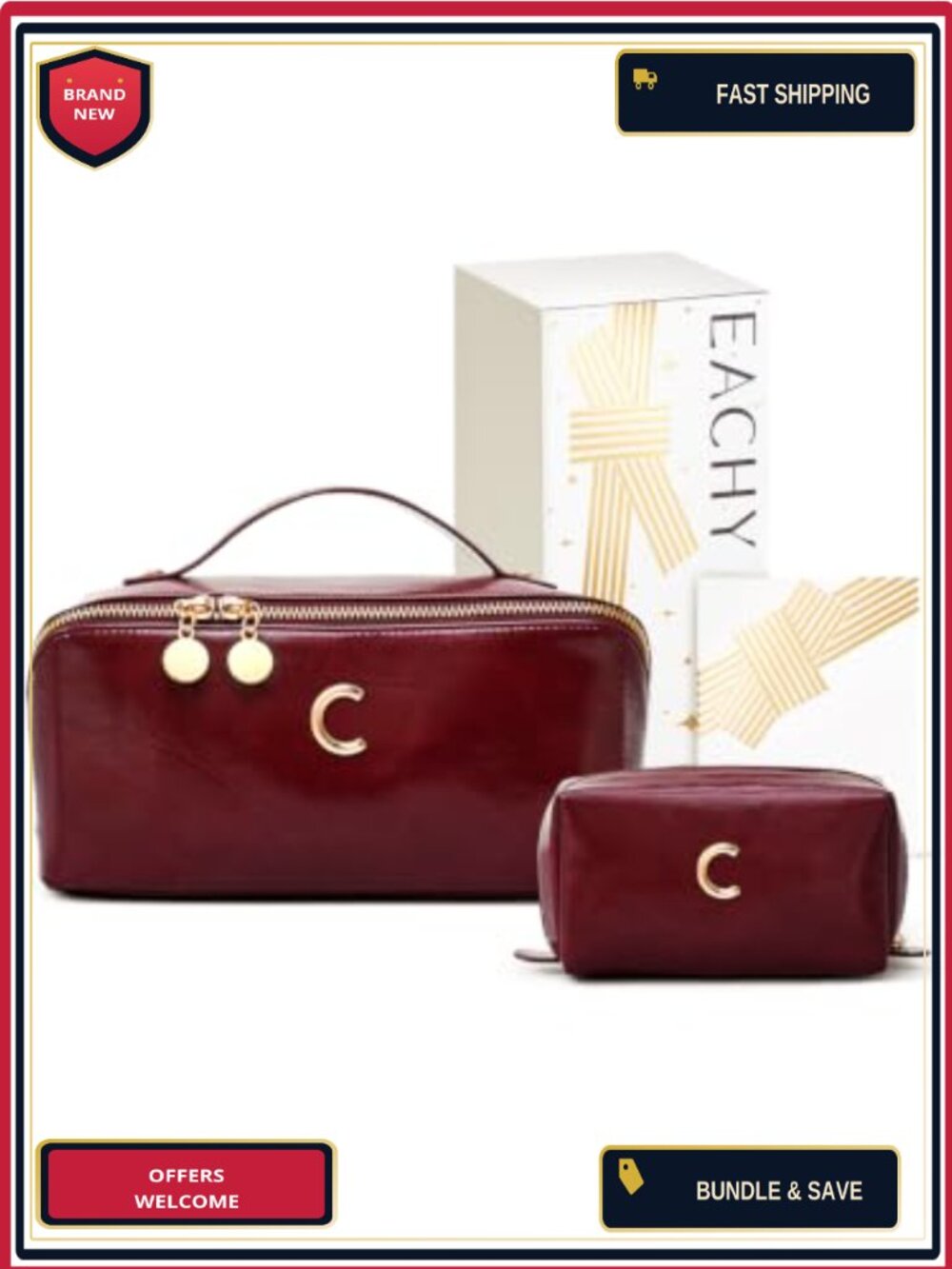 Personalized Initial Makeup Bag with Gift Box, Red Patent PU Toiletry